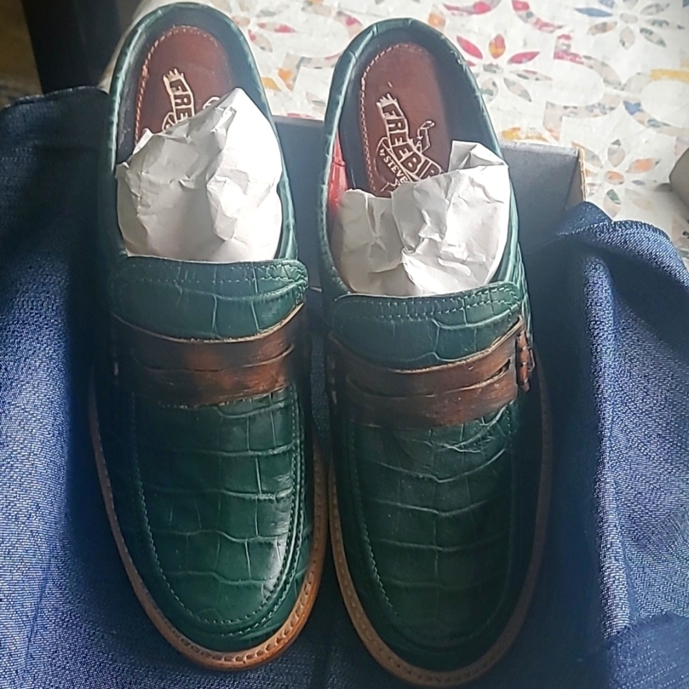 Freebird Green croc mule shoes